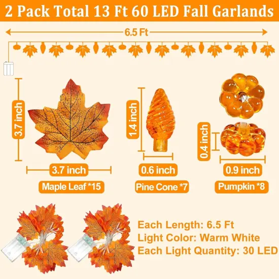 2 Pack & Timer Fall Garland with Pumpkin Lights - 13Ft 60LED {2}