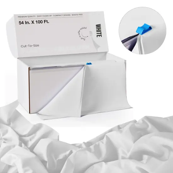 Exquisite Party Solids 54" x 100' Plastic Table Cover Roll with Slide Cutter &ndash; Cut-to-Size Dispenser Box &ndash; Makes Up to 36 Disposable 8' Rectangle Tablecloths White {2}