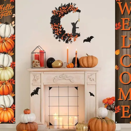 Black Cat Moon Door Decor with Lights - Halloween Wreath {2}