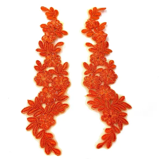 1 Pair 9.5" x 2" Each Side Beaded & Corded Floral Lace Applique Embroidered on 100% Polyester Net Mesh Orange {1}