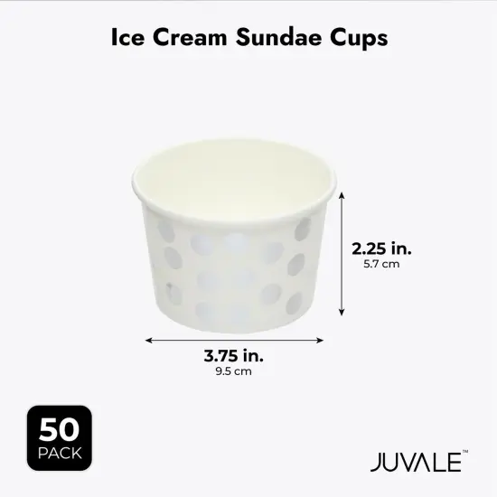 50 Pack Paper Ice Cream Cups for Frozen Yogurt, Disposable Dessert Bowls with Silver Foil Polka Dots (8 oz) White {6}