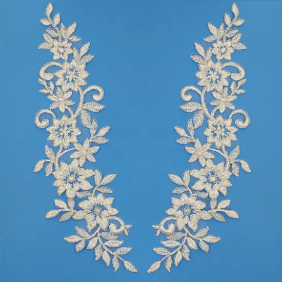 1 Pair 15" x 4" Corded Floral Applique Embroidered on 100% Polyester Net Mesh White {2}