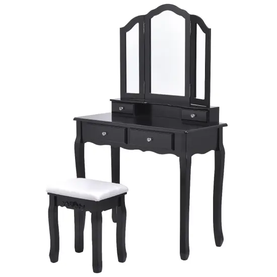 Costway Tri Folding Mirror Vanity Makeup Table Stool Set Black {1}
