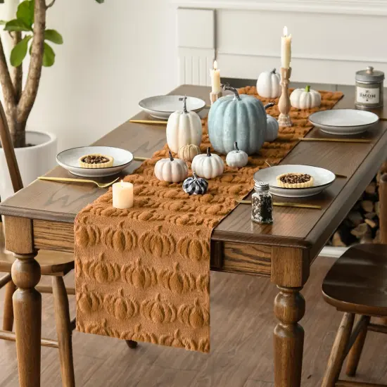Caramel Soft Plush Faux Fur Jacquard Pumpkins Fall Table Runner,13x72 Inch {3}