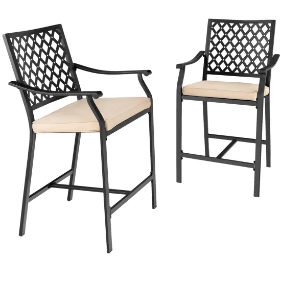 Costway 2PCS Patio Bar Stool Counter Height Cushioned Chair Armrest Garden Deck {1}