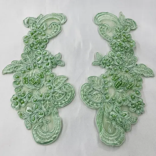1 Pair 8.5" x 3.5" Each Side Beaded & Corded Floral Lace Applique 100% Polyester Organza Mint {1}