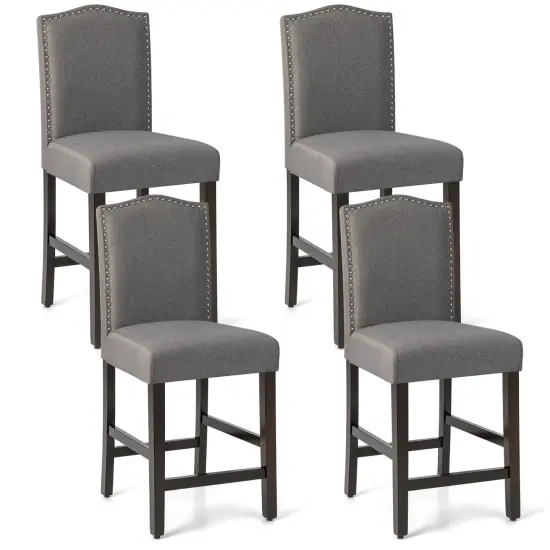 Costway Set of 4 Upholstered Bar stools 25'' Counter Height Chairs with Rubber Wood Legs Grey/Beige {1}