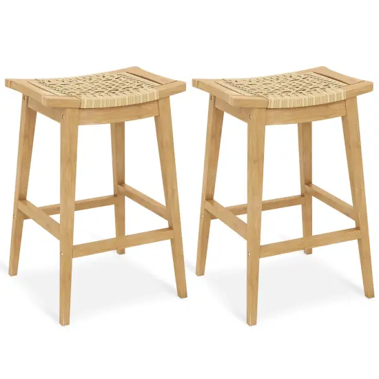 Costway 1/2/4 PCS 29" Teak Wood Bar Stool with Footrest & Saddle Seat Boho Bar Height Stool {1}