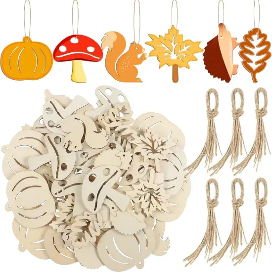 60 Pcs Fall Thanksgiving Unfinished Wooden Ornaments {1}