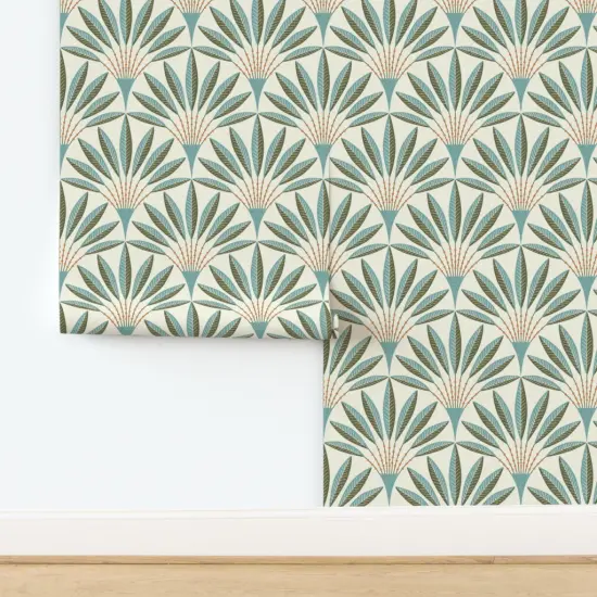 Non-Pasted Wallpaper 2FT Wide Modern Geometric Teal Green Orange Bold Linen Texture Retro Scallop Fans Traditional Wallpaper by Spoonflower {2}