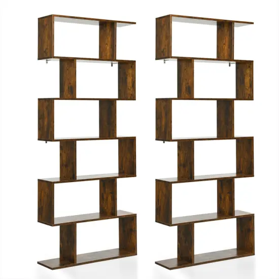 Costway 1/2 PCS 6 Tier S-Shaped Bookshelf Storage Display Bookcase Z-Shelf Coffee {7}