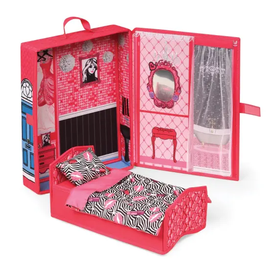 Badger Basket Home & Go Dollhouse Playset Travel & Storage Case with Bed/Bedding for 12-inch Fashion Dolls - Pink/Multi {1}