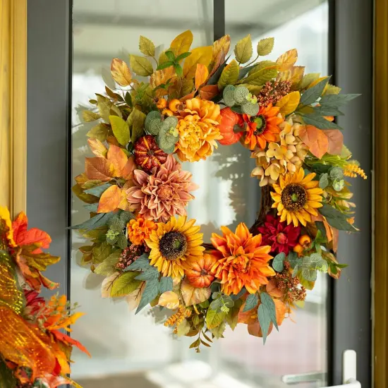 Pumpkin Sunflower Wreath with Peonies Berries - Fall Wreath {2}