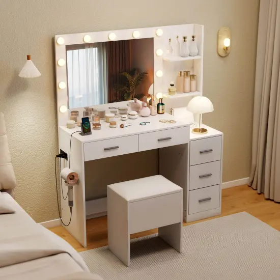 Costway 43.5" Makeup Table Set Vanity Desk with Storage Stool Power Outlets 2 Open Shelves {5}