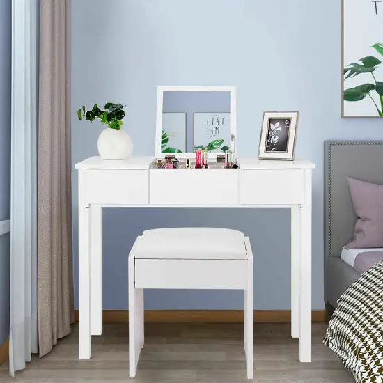 Costway White Vanity Dressing Table Furniture Stool Storage Box {1}