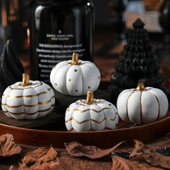 4Pcs White and Gold Halloween Pumpkin Decor, Modern White Pumpkins {1}