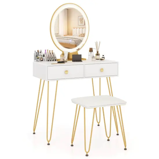 Costway Vanity Makeup Dressing Table W/ 3 Lighting Modes Mirror Touch Switch White {2}