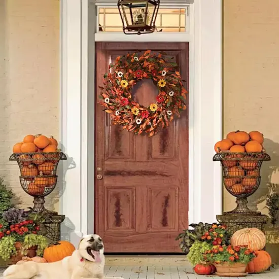 22-24in Daisy Fall Door Wreath with Pumpkin {5}