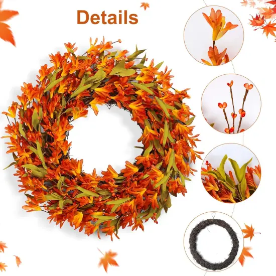 Orange Forsythia Fall Wreath with Berries, Autumn Leaves {3}