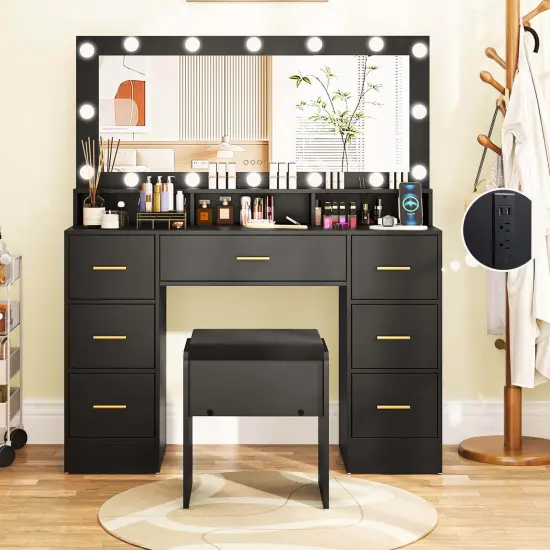 Costway Makeup Vanity Desk with Mirror and Lights Charging Station 3-Color LED Lights Black/White {5}