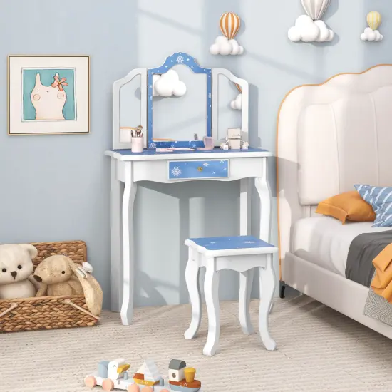 Costway Kids Vanity Table & Stool Set with Cute Polka Dot Print Tri-folding Mirror Drawer Pink&White/Light Pink&White/Pink&Black/Blue/Pink {1}