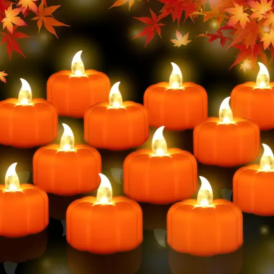 Fall Decorations for Home Pumpkin Tea Lights, 12 Pack LED Orange Pumpkin {1}