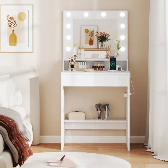 Costway Vanity Desk with Mirror and Lights with 3 Light Modes & Adjustable Brightness White {2}