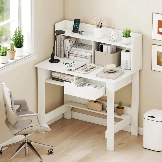 Costway Computer Desk with Power Outlets and USB Ports & Type-C Hutch Open Shelf Drawer Black/White {2}