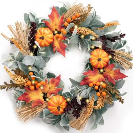 18'' Fall Wreaths with Lights Pumpkin {1}
