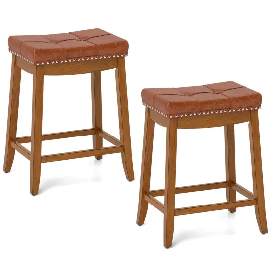 Costway Saddle Bar Stools Set of 2/4 with PU Leather Seat Solid Rubber Wood Frame Footrest {7}