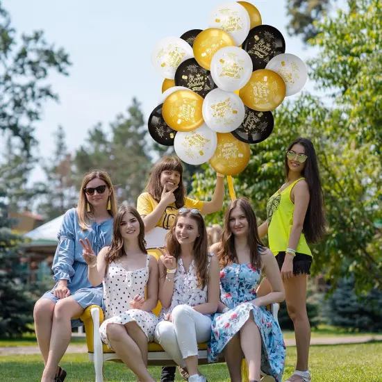 45 Pieces 12 Inch Happy Birthday Balloons Black Gold White Latex Balloons {3}
