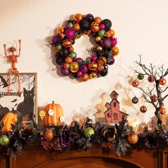 12 Inch Halloween Pre-Lit Pumpkin Ball Wreath {5}