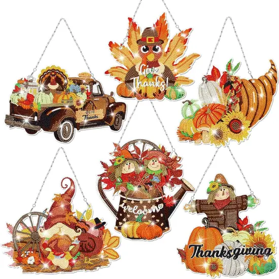 6 Pcs Fall Thanksgiving Diamond Painting Hanging Sign Set Kits {1}