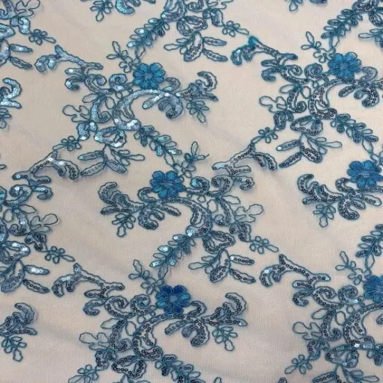 1 Yard Turquoise Sequin Embroidered Lace Fabric Corded Mesh Double Scallop Edge 54" Wide {2}