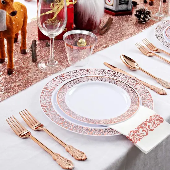 Lace Plastic Dinnerware Set with Silverware & Napkins &ndash; Wedding, Party, Mother&rsquo;s Day {6}