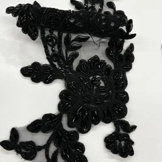 1 Pair Beaded & Corded Floral Lace Applique for Bridal & Quinceanera Dresses 100% Polyester Mesh 20" x 5.5" Each Side Black {7}