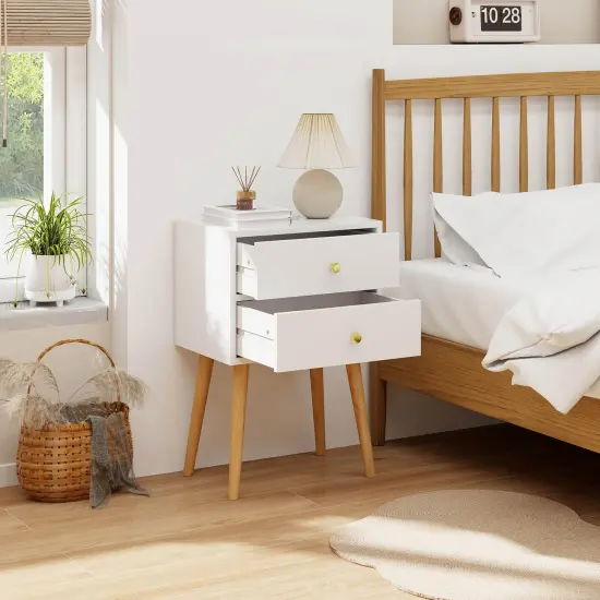 Costway Nightstand Mid-century Modern Bedside Table with 2 Drawers Solid Wood Support Legs {2}