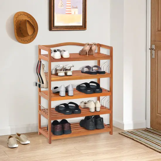 Costway 5-Tier Wood Shoe Rack Solid Acacia Wood Shoe Shelf with Side Metal Hooks {3}