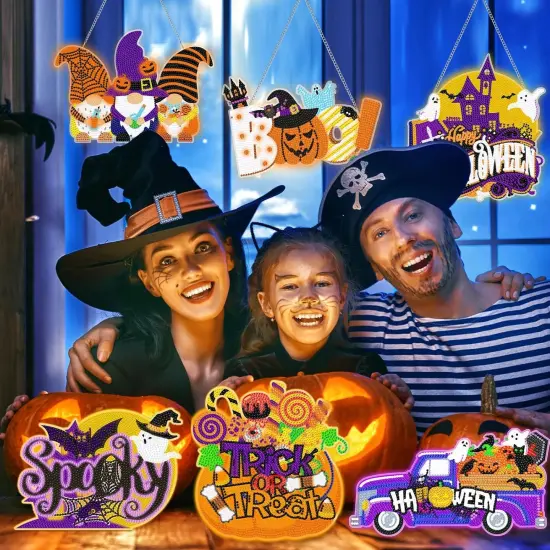 6 Pcs Halloween Diamond Art Painting Kits Hanging Sign Set {4}