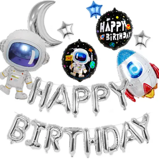 Silver Happy Birthday Space Balloons Banner - Rocket, Astronaut, Moon & Star {1}