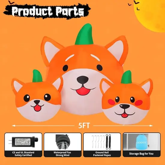 GOOSH 5 FT Long Halloween Inflatables Pumpkin Dog Blow Up Yard Dog Head Combo Decoration with Built-in LEDs {6}