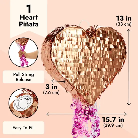 Sparkle and Bash Rose Gold Foil Pull String Heart Pinata, Ideal for Birthday Party Decorations & Supplies, Quinceanera, Valentine's Day (15.7 x 13 x 3 In, Small), Ages 3-14 {3}