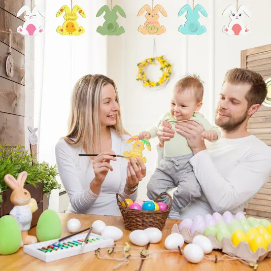 Wooden Rabbit Ornaments to Paint Easter Decoration Cutouts Unfinished 24PCS 3.5 x 3 inches, DIY Blank Bunny Unfinished Wood Discs Ornament for Home Crafts Hanging Spring Decoration {6}