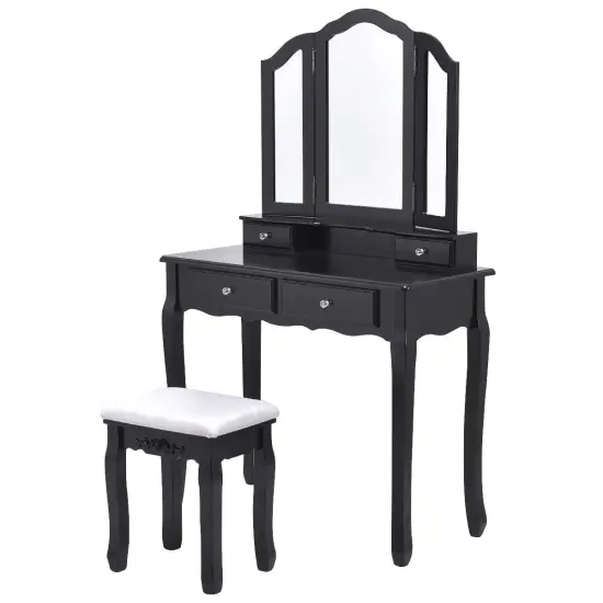 Costway Makeup Table Stool Set Tri Folding Mirror Vanity White\Black {4}
