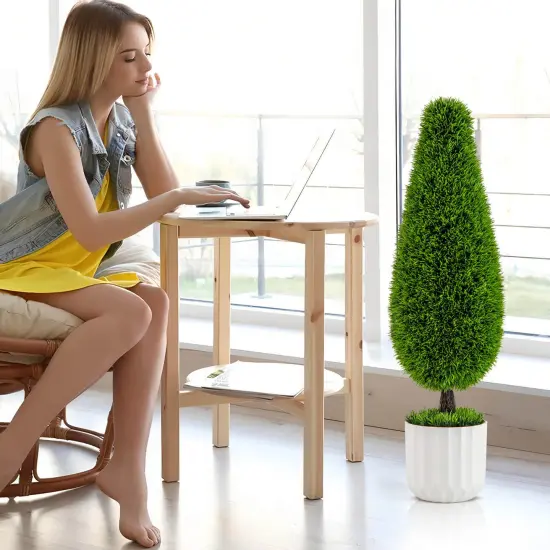 Costway 2 Pack Artificial Cedar Plant 3 FT Potted Teardrop Shaped Bush with Premium PE Leaves {5}