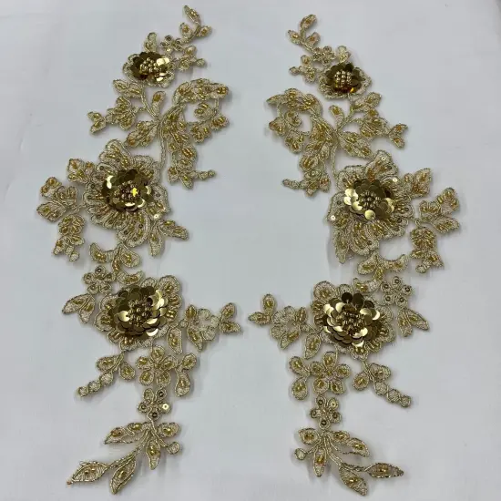 1 Pair Beaded & Corded Floral 3D Lace Applique Embroidered on 100% Polyester Net Mesh, 14" X 3 " Wide Each Side Silver {5}