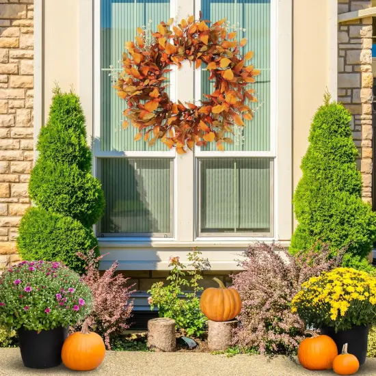 Autumn Fall Leaves Small Pumpkins Fall Wreath {4}