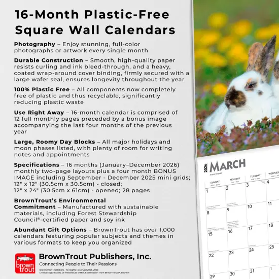 Honey Bunny | 2026 12 x 24 Inch (Hanging) Monthly Square Wall Calendar | Plastic-Free {6}