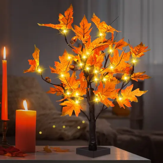 [2 Pack] 24-inch Fall Lighted Maple Tree with Acorns, 48 LED Lights, Battery Operated Thanksgiving Table Centerpieces Decoration Artificial Tree for Home Fireplace Autumn Harvest Tabletop Indoor Decor {6}