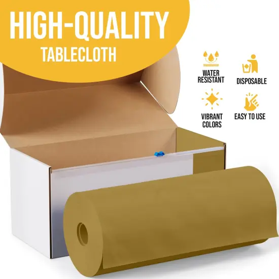  Party Solids 54" x 300' Plastic Table Cover Roll with Slide Cutter &ndash; Cut-to-Size Dispenser Box &ndash; Makes Up to 36 Disposable 8' Rectangle Tablecloths by Exquisite Gold {4}
